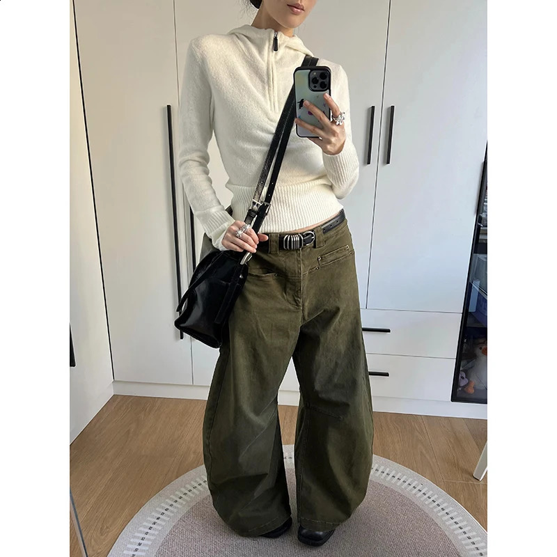 Spring 2025 Womens Jeans High Waist Bag Casual Retro Y2K Army Green Straight Pants American Wide Leg Cowboy Trouser 250417