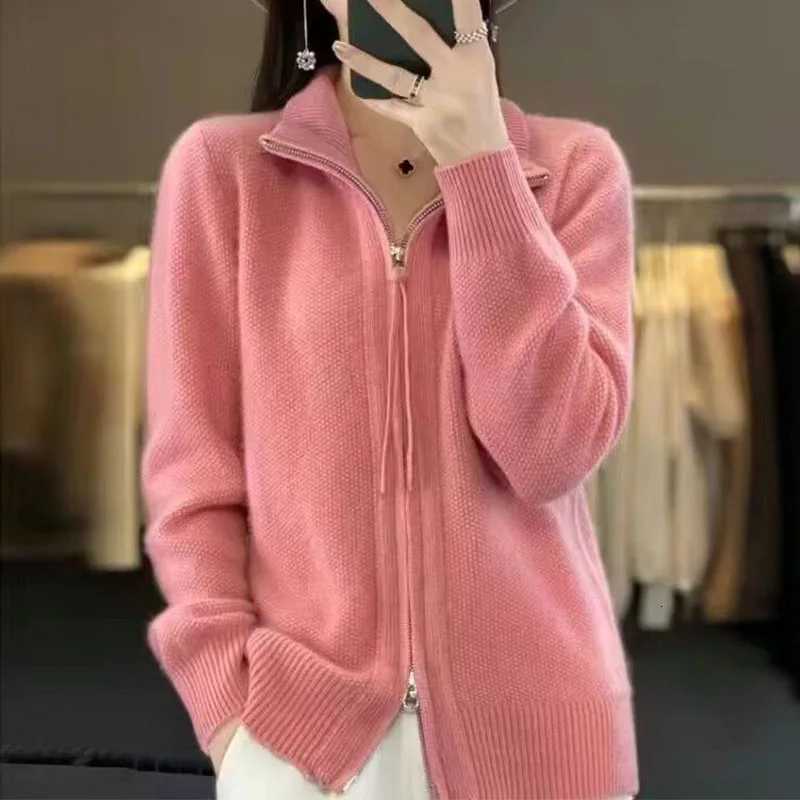 Autumn And Winter New Temperament Double Zipper Wool Knit Cardigan Womens Solid Color Long-Sleeved Sweater Thickened Loose TopT251125