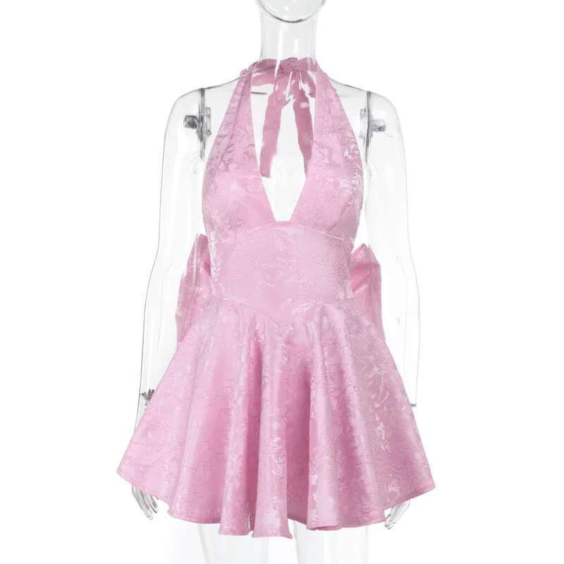 Dongdumaoyi Townlike Jacquard Bow Waist Wrap A Line Dress Women Halter Mini Spring Summer Nightclub Sexy Party Dresses