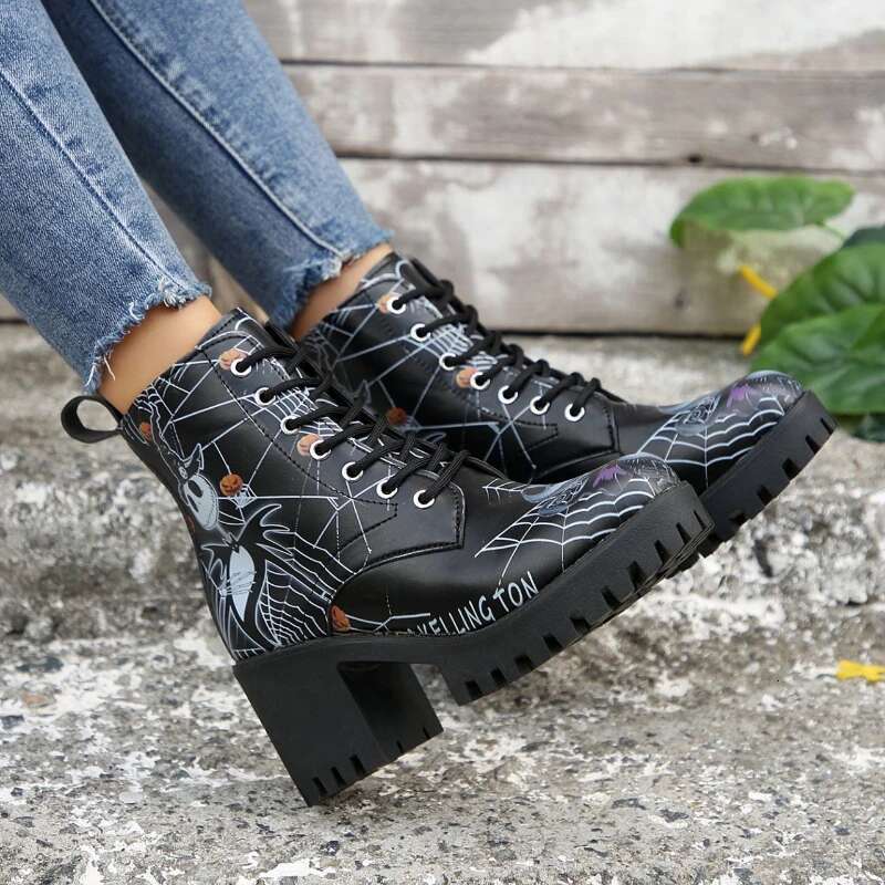 Halloween Skull High-Heeled Short 2024 Winter Item Thick Heel Print Design Versatile Fashion Women's Boots Zapatos Mujer