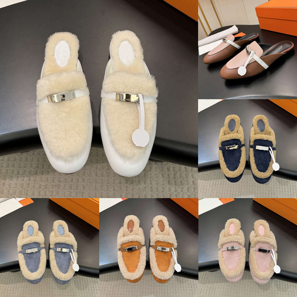 Designer shoe Woman Luxury mule fur slide Half slipper Classic kelly Buckle flat Suede Shearling Lamb Wool Winter Warm fur slipper Fashion Casual Cowhide slipper