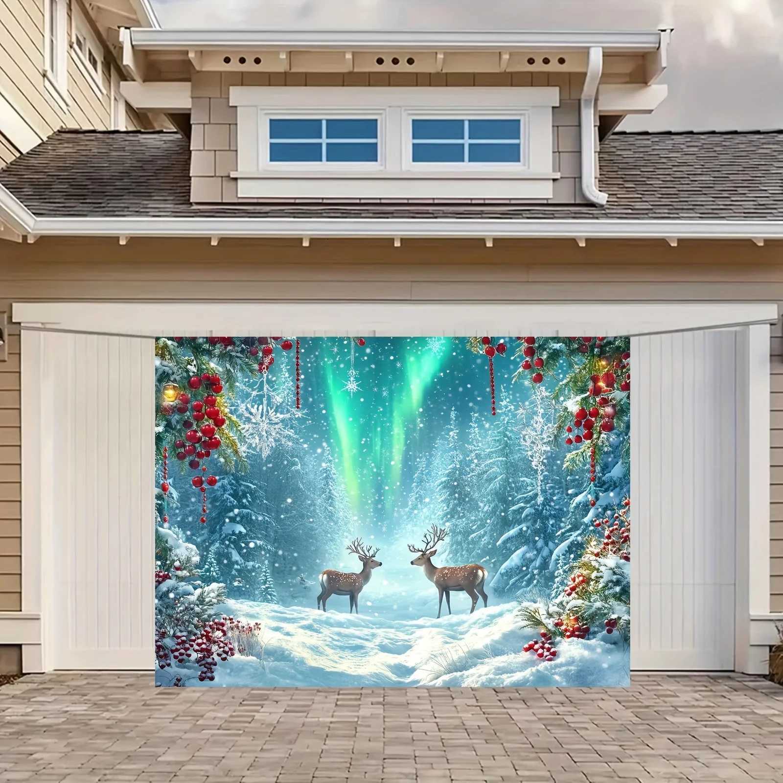 1pc Extra Large Winter Snow Scene Wall Tapestry - Northern Lights Aurora Borealis Backdrop with Two Deer Red Green OrnamentsM251125