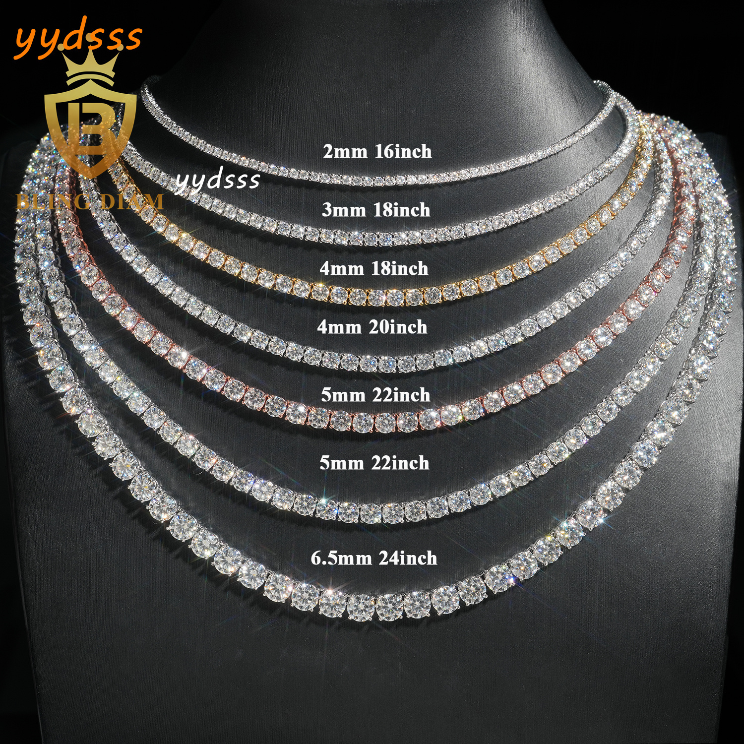 Ready Shipping 2mm 3mm 4mm Moissanite Tennis Chain 925 Sterling Silver Hip Hop Tennis Chain Necklace Rapper Jewelry