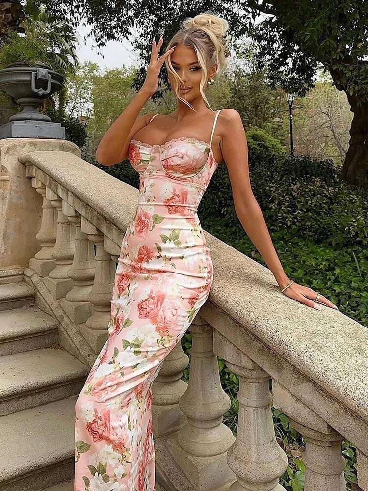Dongdumaoyi Townlike Print Slim Bodycon Elegant Maxi Long Dress Women Spaghetti Strap Spring Summer Backless Sexy Party Dresses