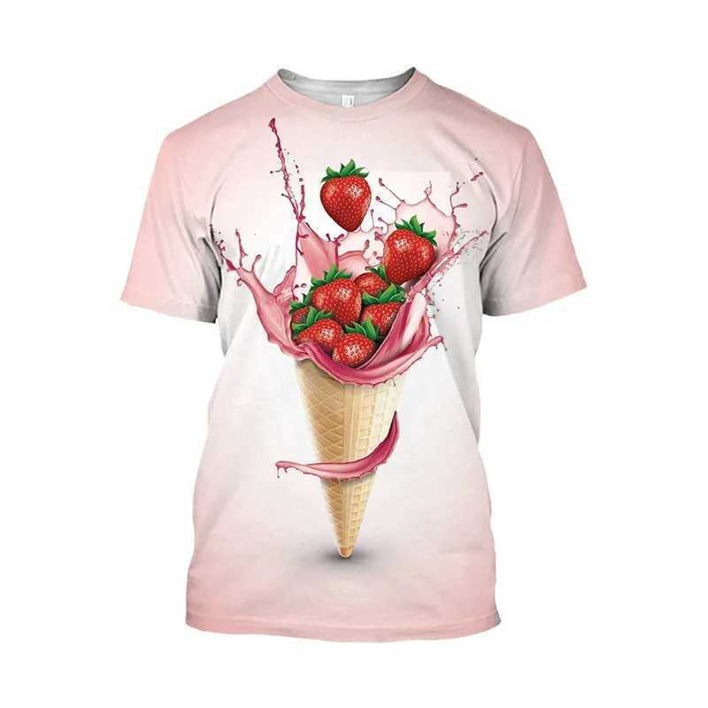 Ice cream 3D printed T-shirt mens strawberry chocolate graphic T-shirt unisex funny food casual short sleeved top cartoon T-shirt W250425