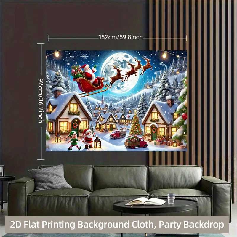 Winter Wonderland Christmas Tapestry Santa Sleigh with Rudolph and Elves Snow Scene Wall Art for Indoor Outdoor Party DecorM251125