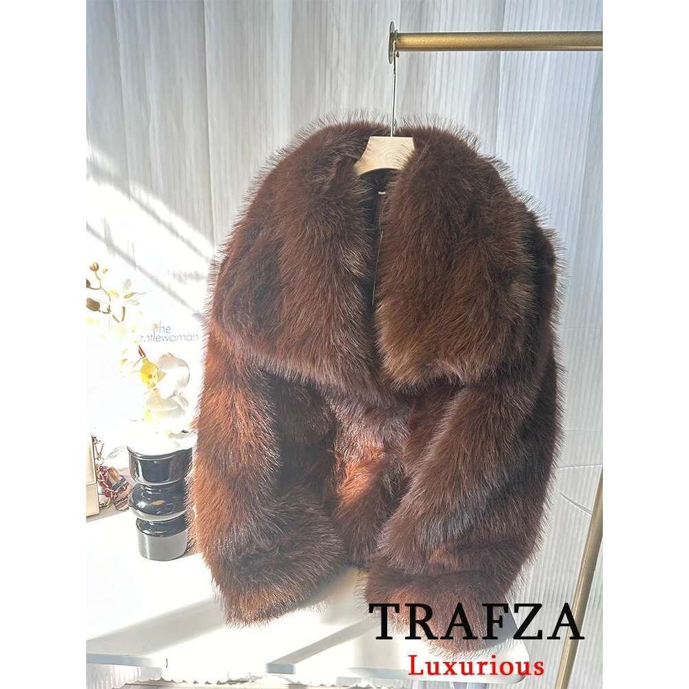 TRAFZA Casual Brown Thick Jackets Women Long Sleeve V Neck Autumn Winter Faux Fur Coats Fashion 2024 Streetwear Outwears