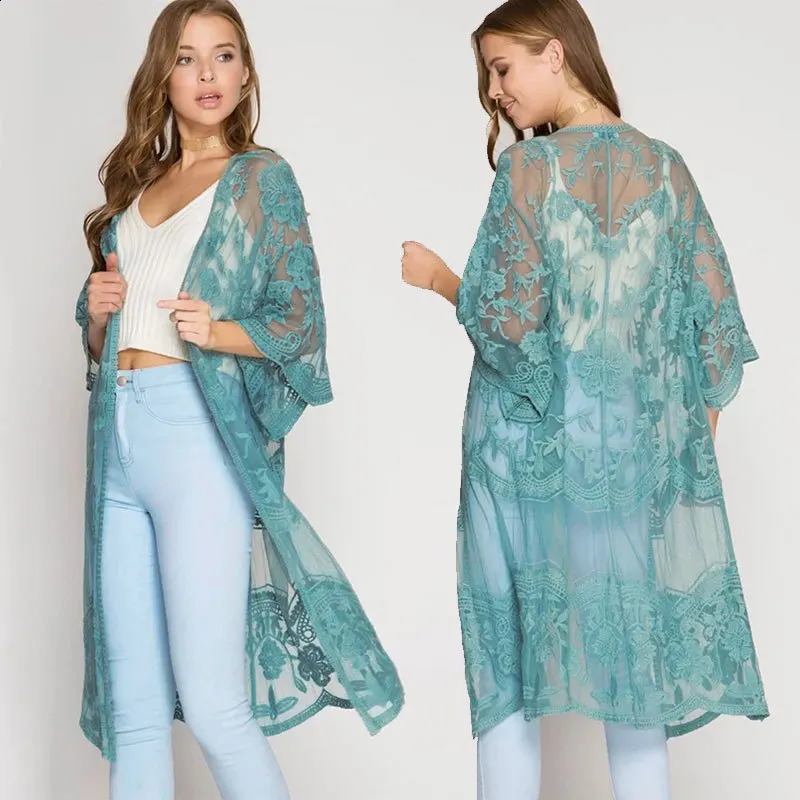 Womens loose swimsuit kimono open collar lace crochet floral top 250422