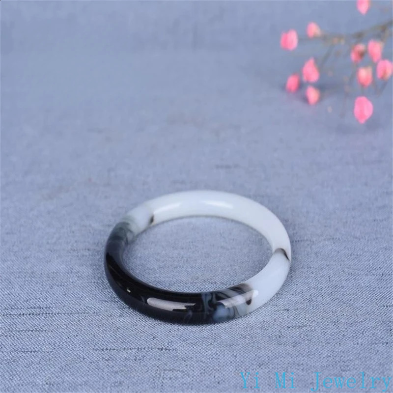 Natural Hetian Jade Bracelet Black White Flowers Charm Fashion Retro Fine Jewelry Elegant Girl Couple Bangle Holiday Gift 250424