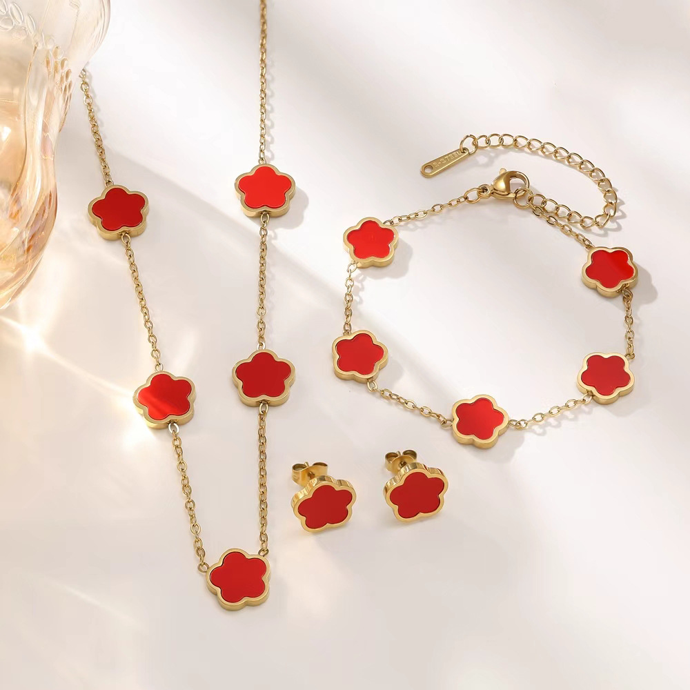 Trendy Five-petal Flower Five-leaf Clover Shell Bracelet Earrings Necklace Stainless Steel 3pcs set for woman Stylish Accessories Party Designer Jewelry