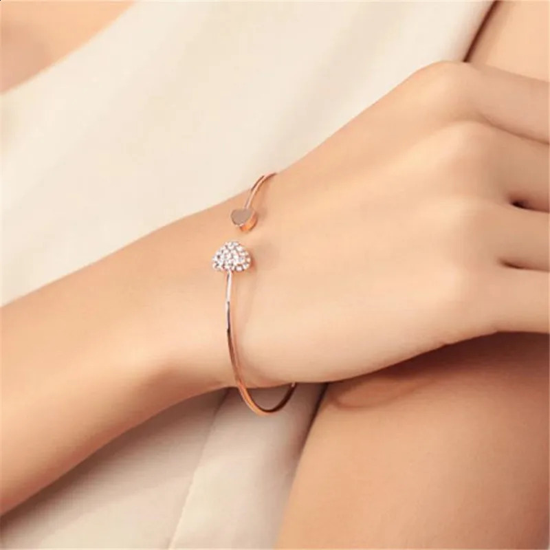 Woozu Fashion Adjustable Crystal Double Heart Bow Bilezik Cuff Opening Bracelet Womens Jewelry Gift Unprinted Good Product Pulseras 250415