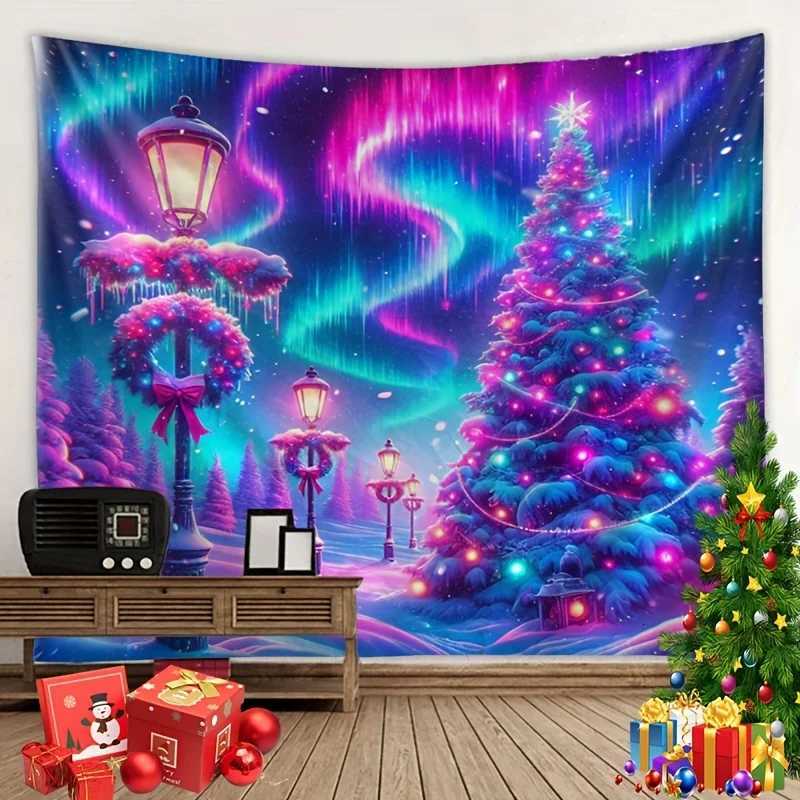 VIKAMA Aurora Christmas Tapestry Snowy Christmas Tree Holiday Living Room Theme Winter Room Decor Living Room AccentsM251125
