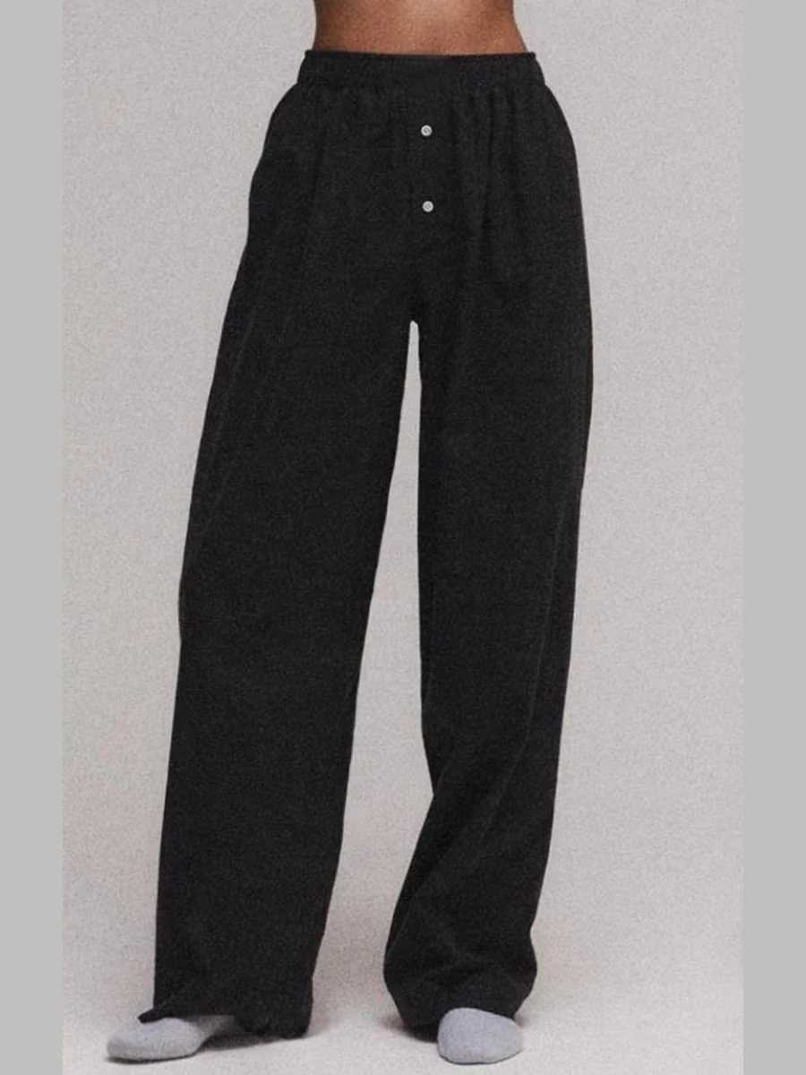 Combhasaki Womens Y2K Retro Casual Stripes/Solid Pants Button Elastic High Waist Aesthetic Loose Straight PantsC250425
