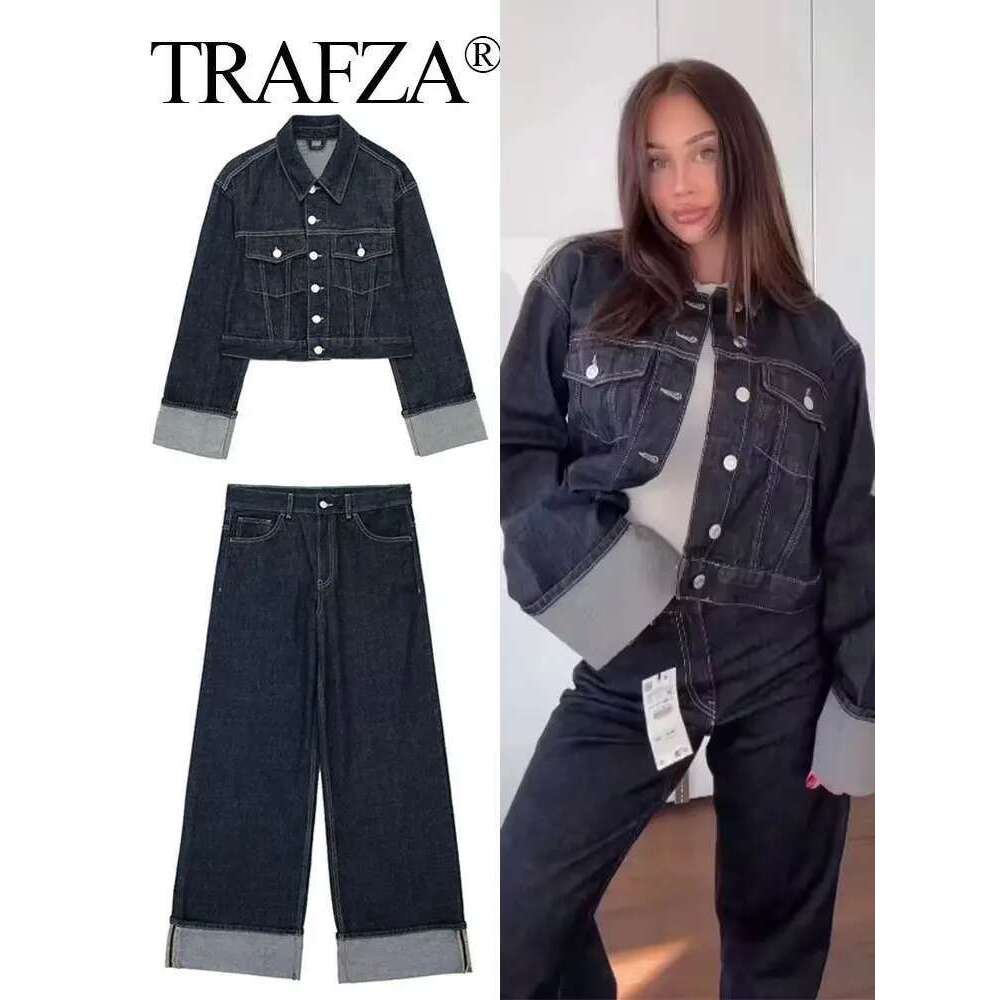 TRAFZA 2024 Autumn Female Vintage Denim Suit Long Sleeve Single Breasted Lapel Coat+High Waist Wide Leg Jeans Street Fashion Set