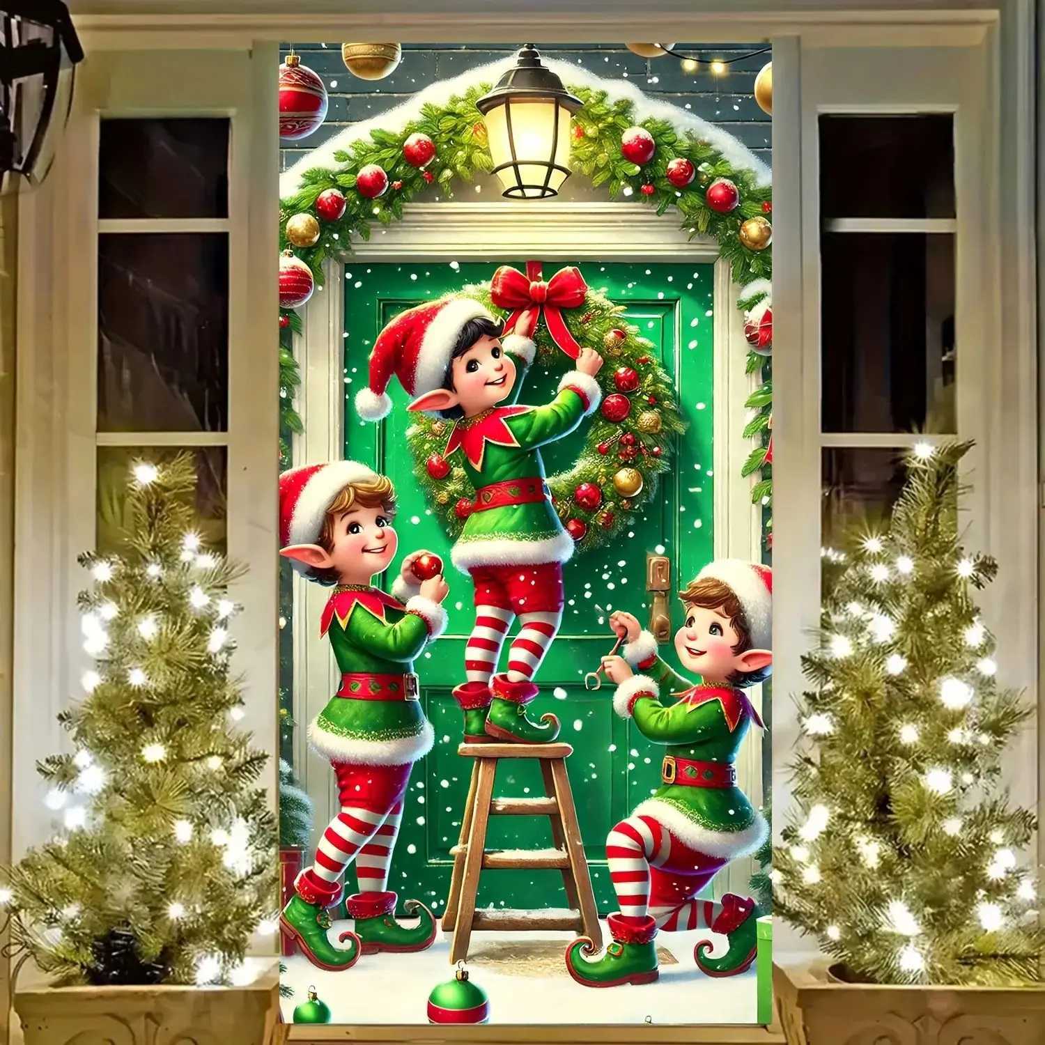 VIKAMA Christmas Elf Wreath Tapestry Door Curtain Holiday Decoration Suitable for Entrances Living Rooms and Party BackdropsM251125