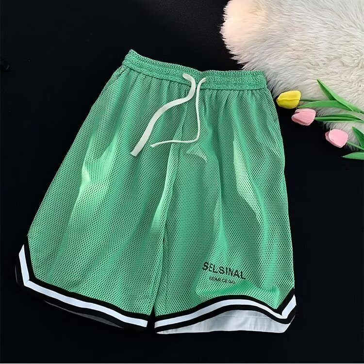 Short men's new outfit, casual, loose, breathable, ice silk mesh basketball sports five quarter pants for summer