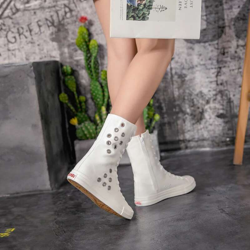 Spring and summer new medium-sized color lace-up side zipper breathable hole canvas casual flat large size women's shoes