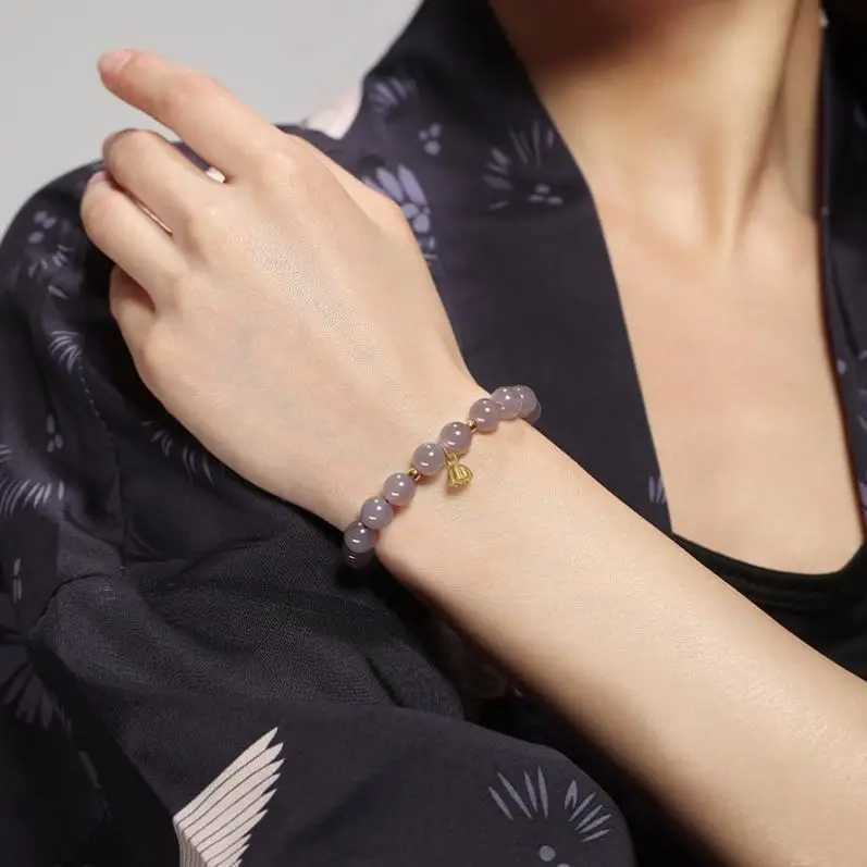 2024 New Natural Ice Seed Smoke Purple Hetian Jade Chalcedony Round Bead Bracelet Lotus Jade Single Circle Hand String for Gifts J251125