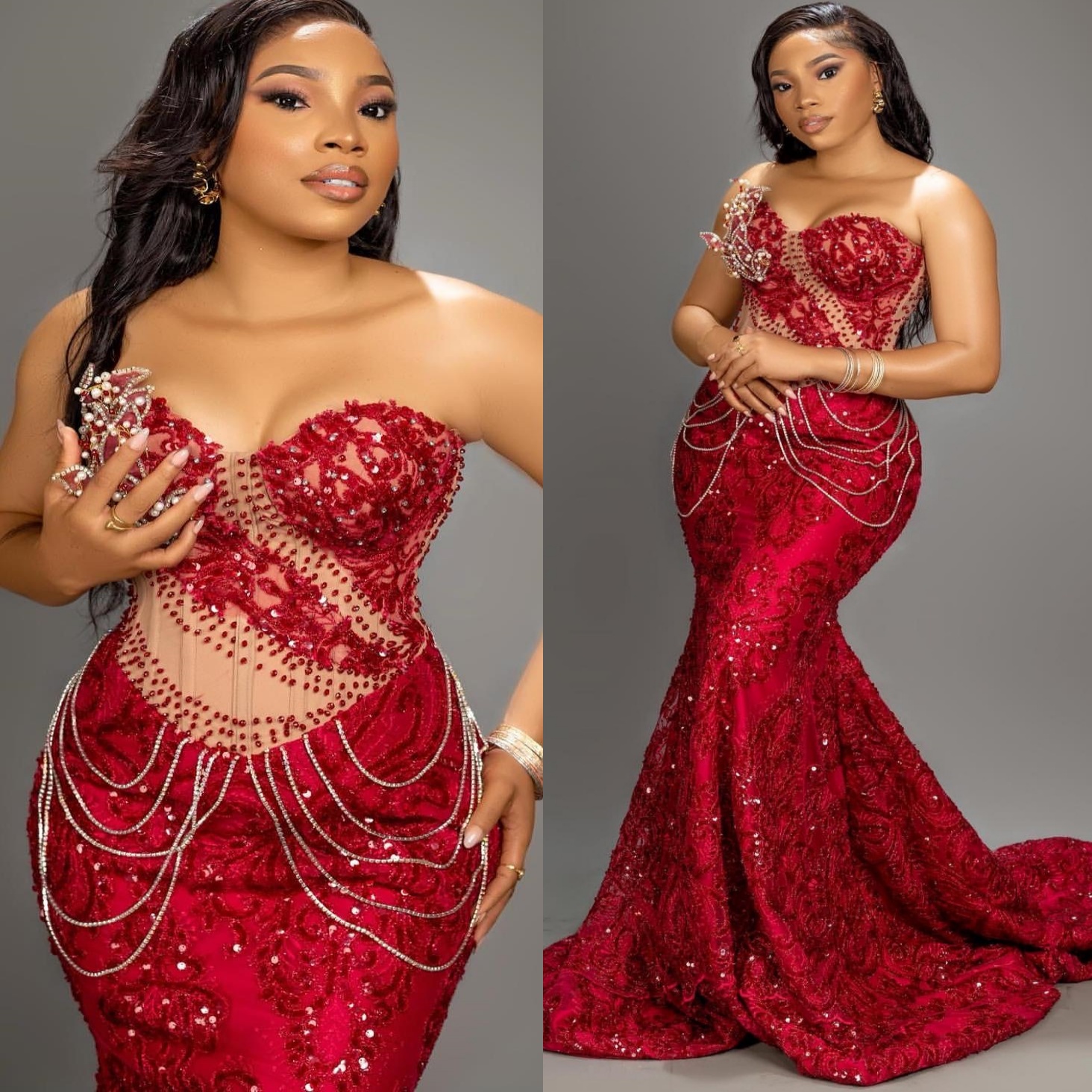 Red Mermaid Plus Size Prom Dresses 2025 Sequined Crystals Sweetheart Illusion Evening Formal Party Second Birthday Engagement Gowns Dress For Special 
