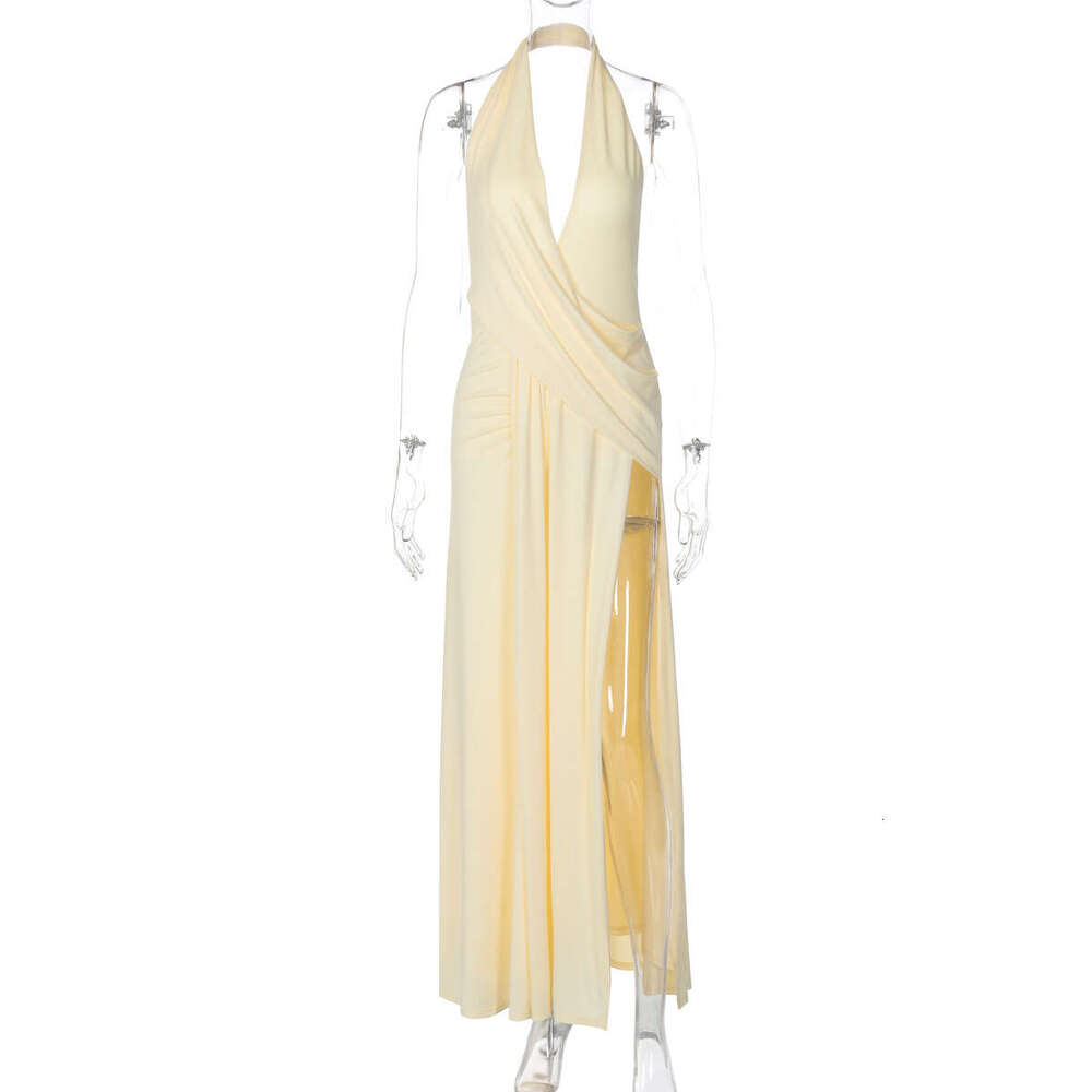 Dress for Women Designer Luxury 2025 Summer New Fashion Hot Girl Deep V Halter Neck Ruched Backless Irregular Dress - view 9