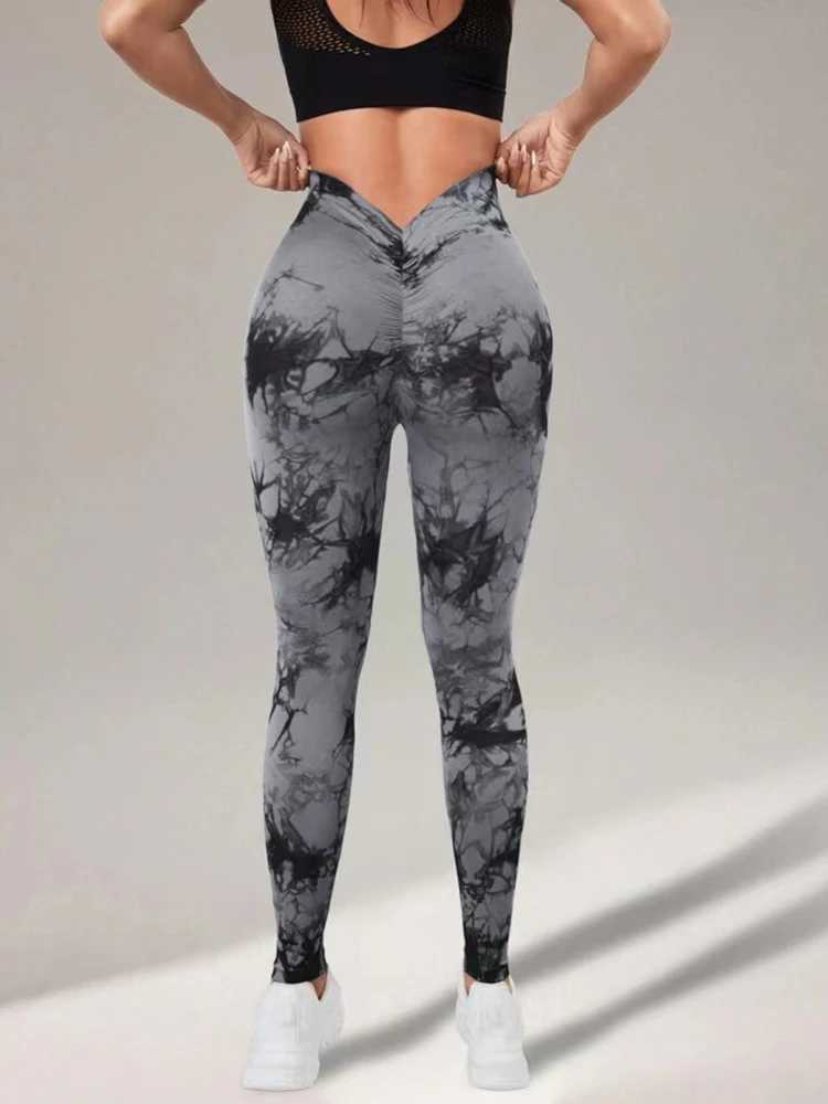V-shaped waist tie dye yoga leggings high waisted hip lifting fitness pants training sports leggings womensC250425