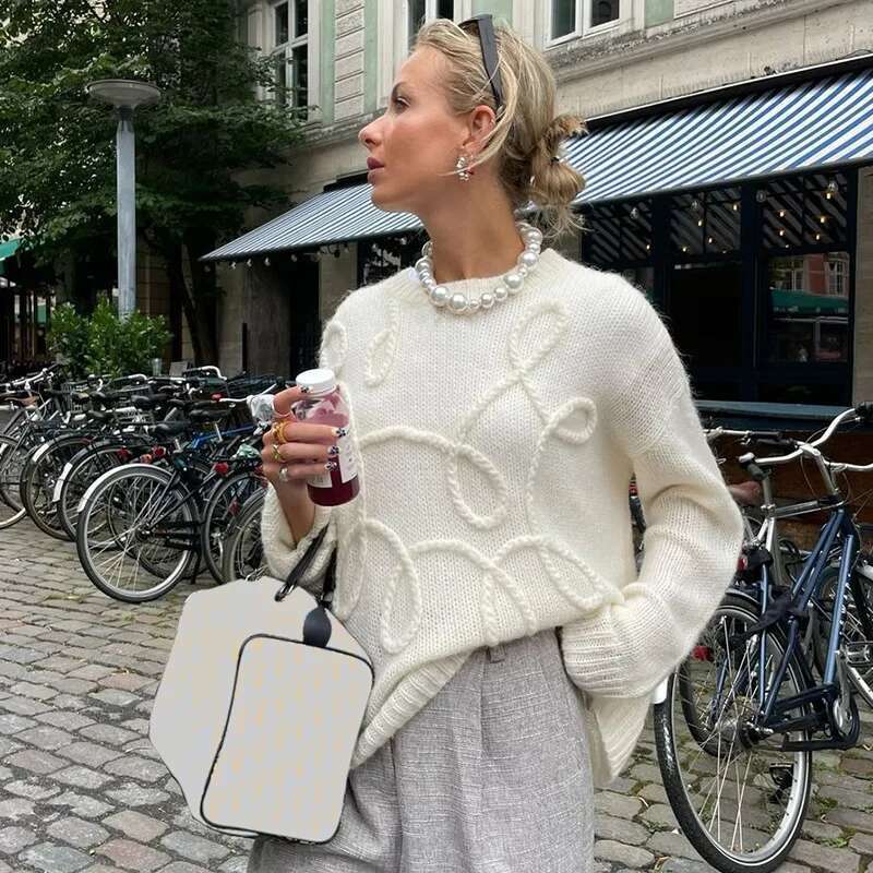 Fashion Casual Pullovers For Women Solid Color Round Neck Long Sleeve Knitted Sweater Loose Female 2024 Y2k Autunn Winter New
