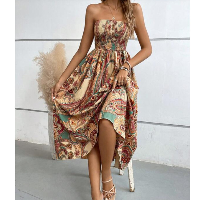Beach Resort Dresses: Women's Bohemian Summer Dress - Tropical Printed Long Skirt for Casual Beachwear, Leisure, and Vacation Style C260312