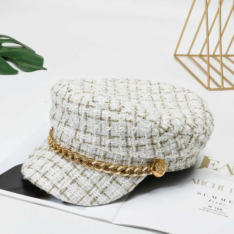 Autumn Winter Pearl Chain Flat Top Navy Hat Fashion Beret Newsboy Caps Berret Woman Octagonal Hats Womens Designer Apparel J251125