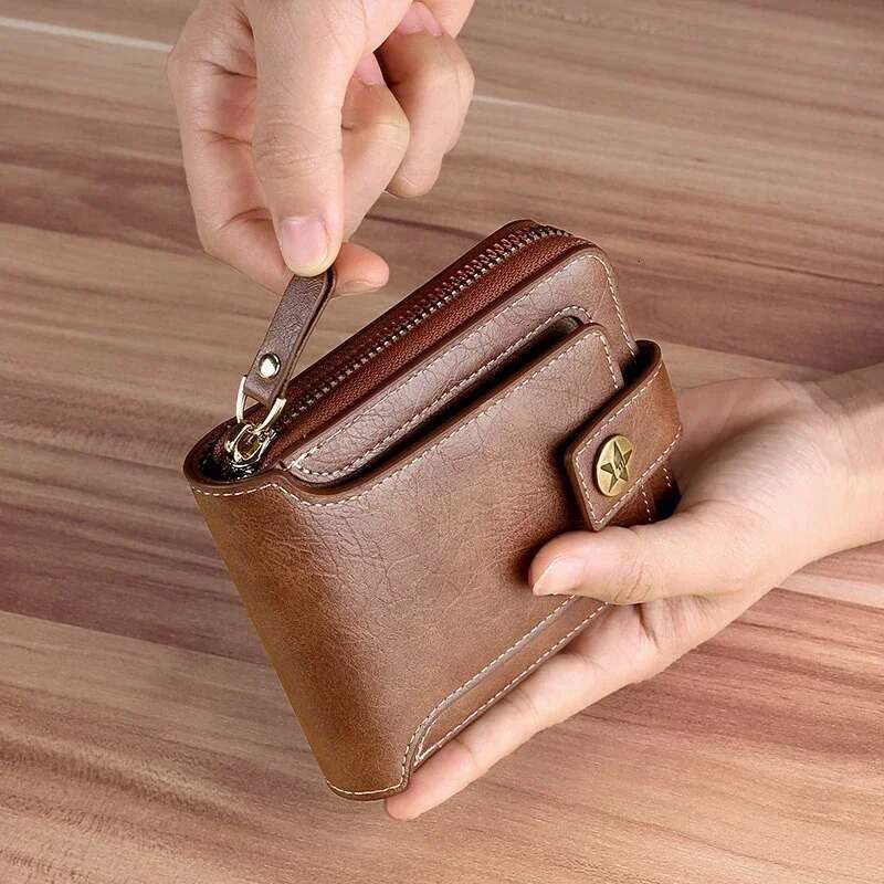 Vintage Men's Wallet PU Leather Short Purse Men Hasp Zipper Clutch Solid Color High Quality Durable Convenient Wallets