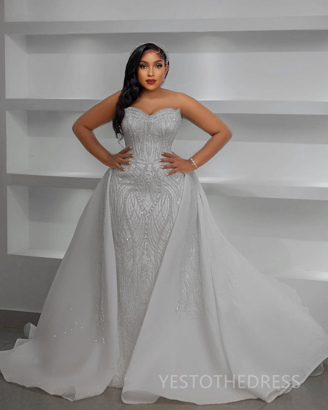 2024 Plus Size African Mermaid Wedding Dress Bridal Gowns For Bride Illusion Detachable Train Sweetheart Beaded Lace Rhinestones Wedding Gowns For Bla