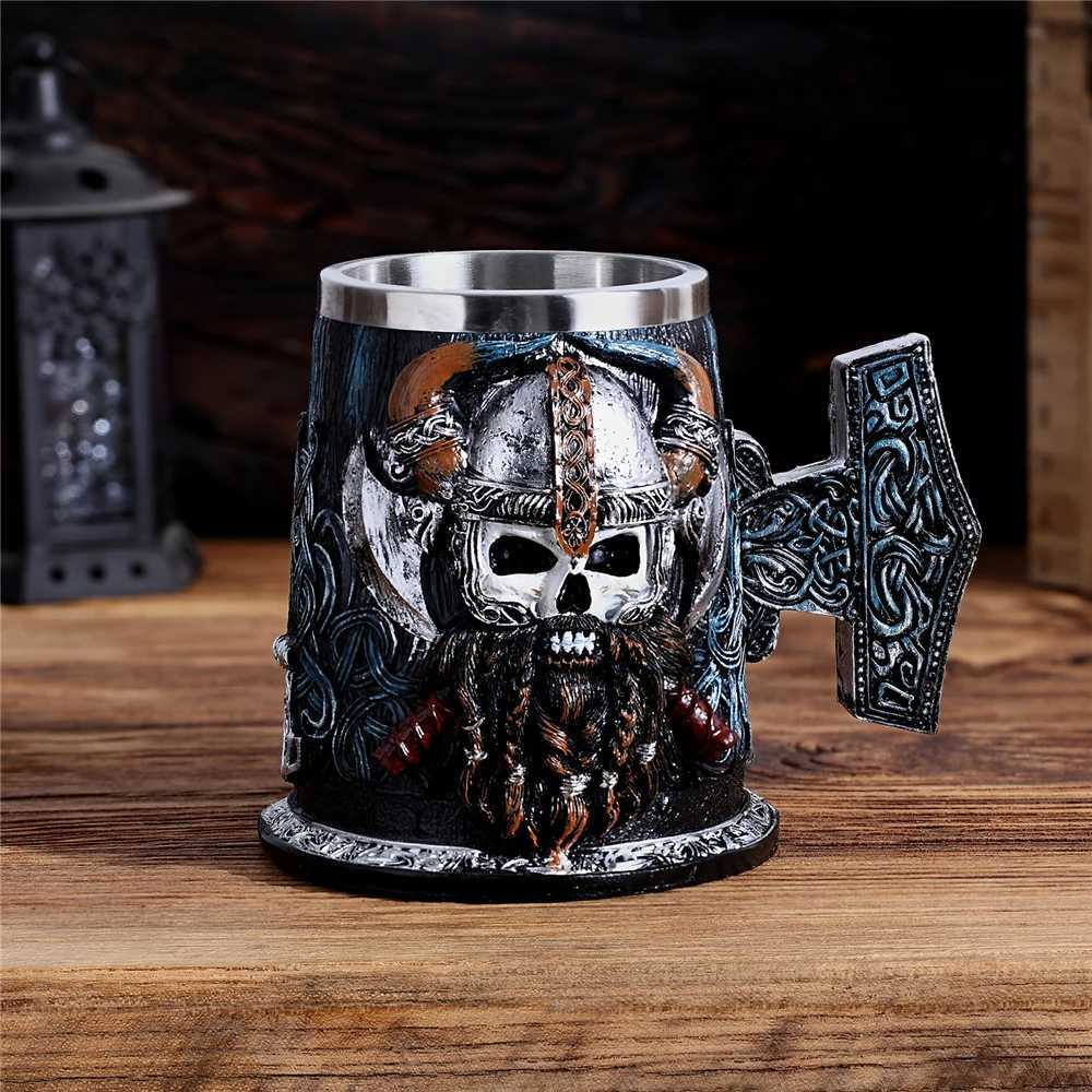 Vikings Skull Vintage Style Stainless Steel Beer Mug Medieval Pirate Wood Barrel Coffee Cups Halloween Metal Drink Bar Ornaments Y251125
