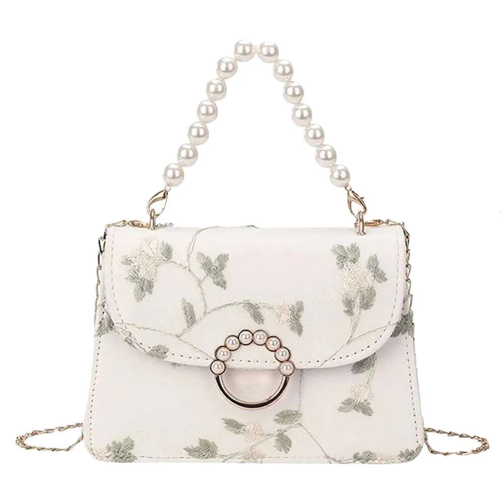 Women's Fashion Chain One Shoulder Crossbody Non-Positioning Lace Embroidery Pearl Handbag Small Square Bag Bolsas Para Mujeres