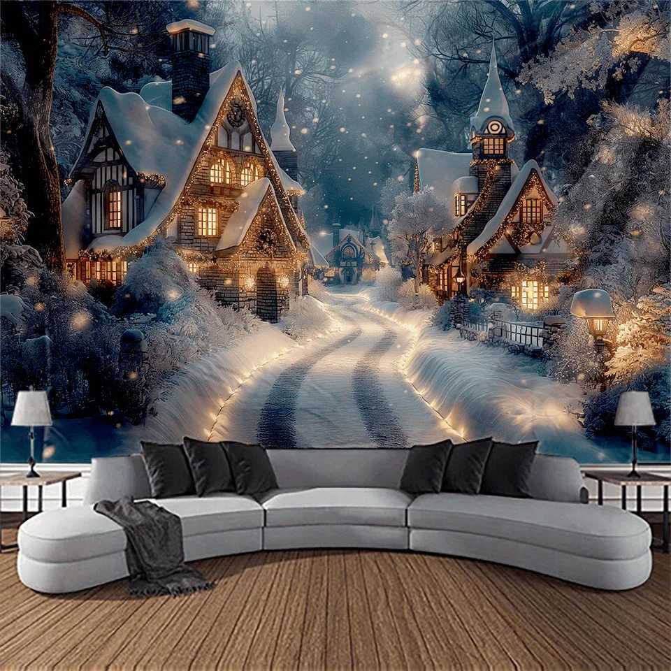 Christmas New Years Snowy Town Wall Tapestry Winter Wonderland Landscape Room Decoration Items Wall Fabric Bedroom TapestryM251125