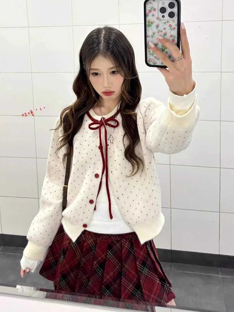 Korean Sweet Polka Dot Knitted Sweater Cardigan Women Design Fashion O Neck Y2k Jacket Tops Chic Preppy Style Retro Outfits NewT251125