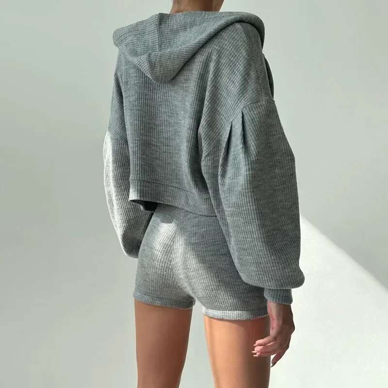 Al0 3 Piece Set Knitted Hooded Cardigan Sweatshirt Women V-Neck Triangle Long Sleeve Coat Slim High Rise Shorts Casual Suits