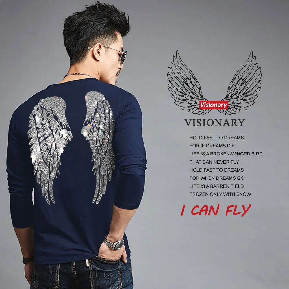 Neutral rhinestone wing printed T-shirt for mens street wear cotton Ins punk T-shirt direct oversized long sleeved clothing 250423