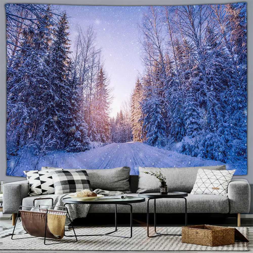 Winter forest snow scene tapestry wall hanging home bedroom living room mural decorative background clothM251125