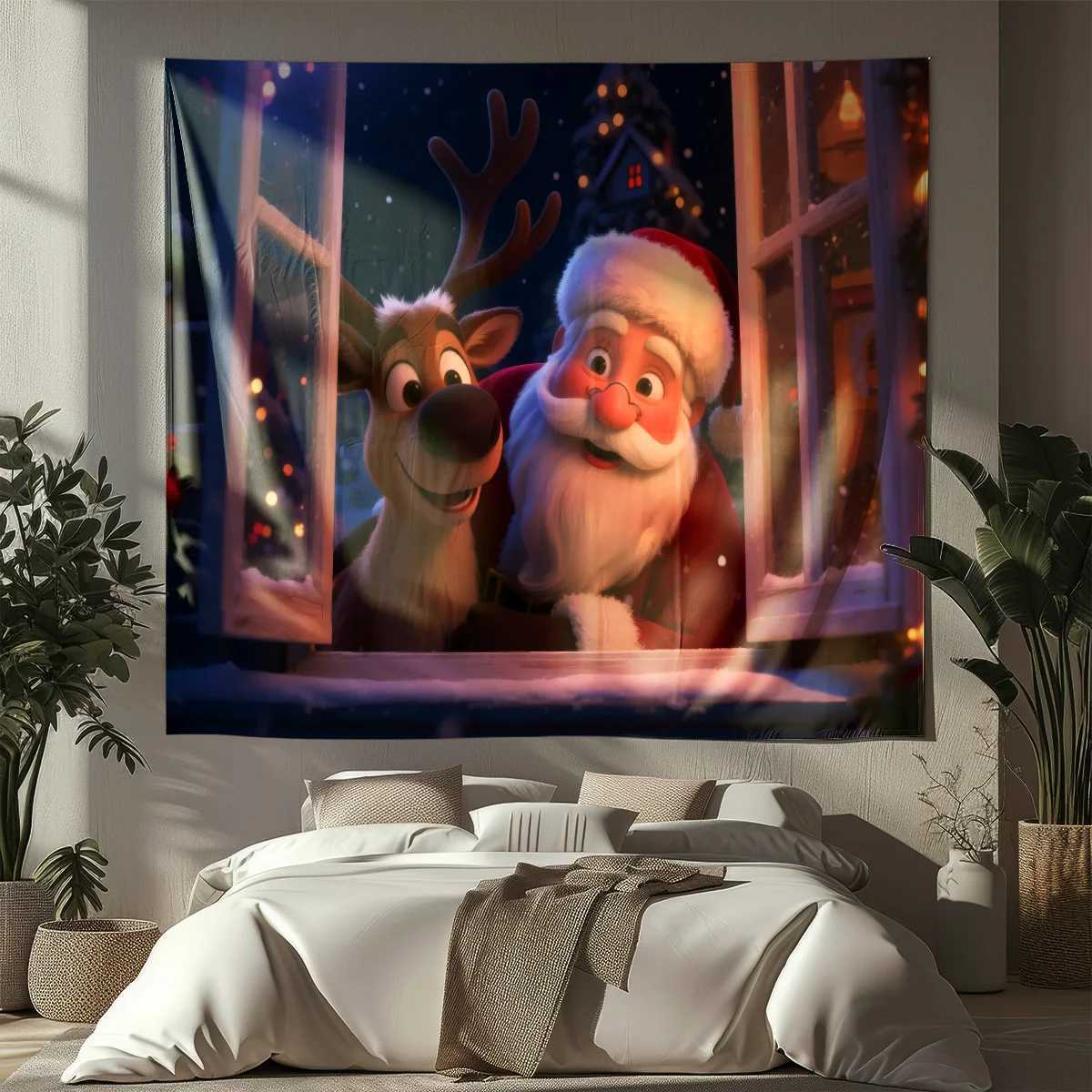 1pc Santa Claus Reindeer Print Holiday Tapestry Living Room Bedroom Wall Decoration Multi Size Background Cloth Machine WashableM251125