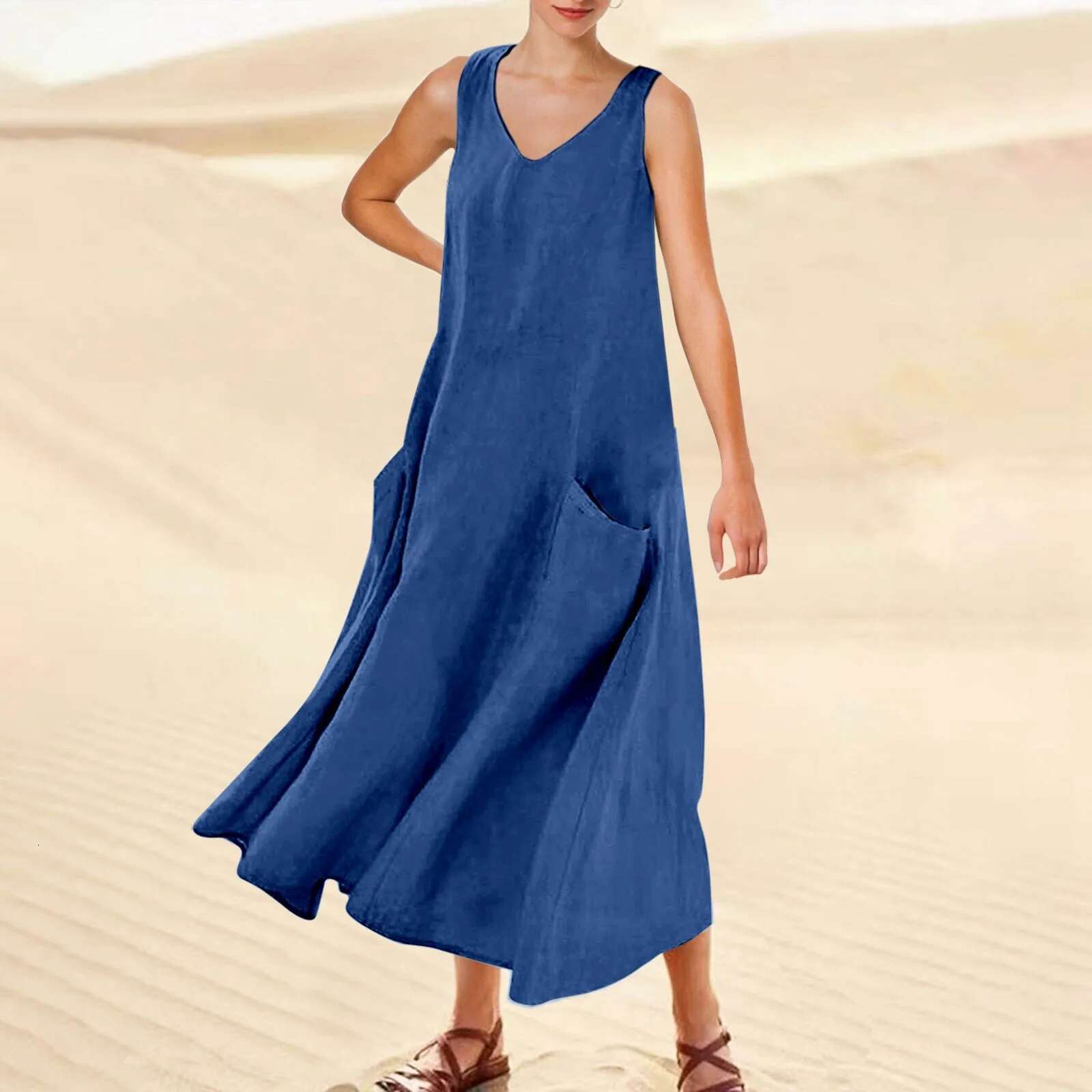 Dongdumaoyi Women S Sundress V Neck Long Dress With Pocket Solid Cotton Linen Summer Causal Loose Sleeveless Beach T Shirt