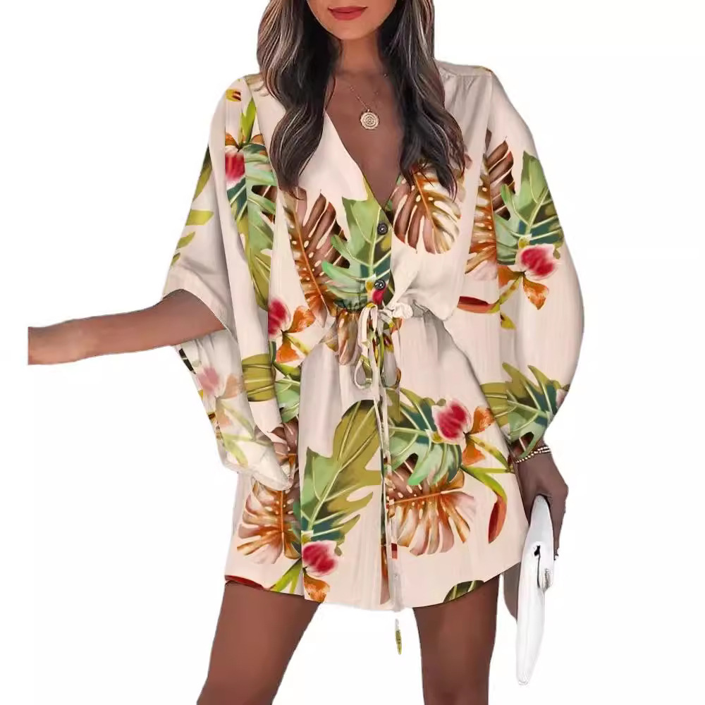 Summer Feifei sleeve V-neck lace up casual holiday dress women