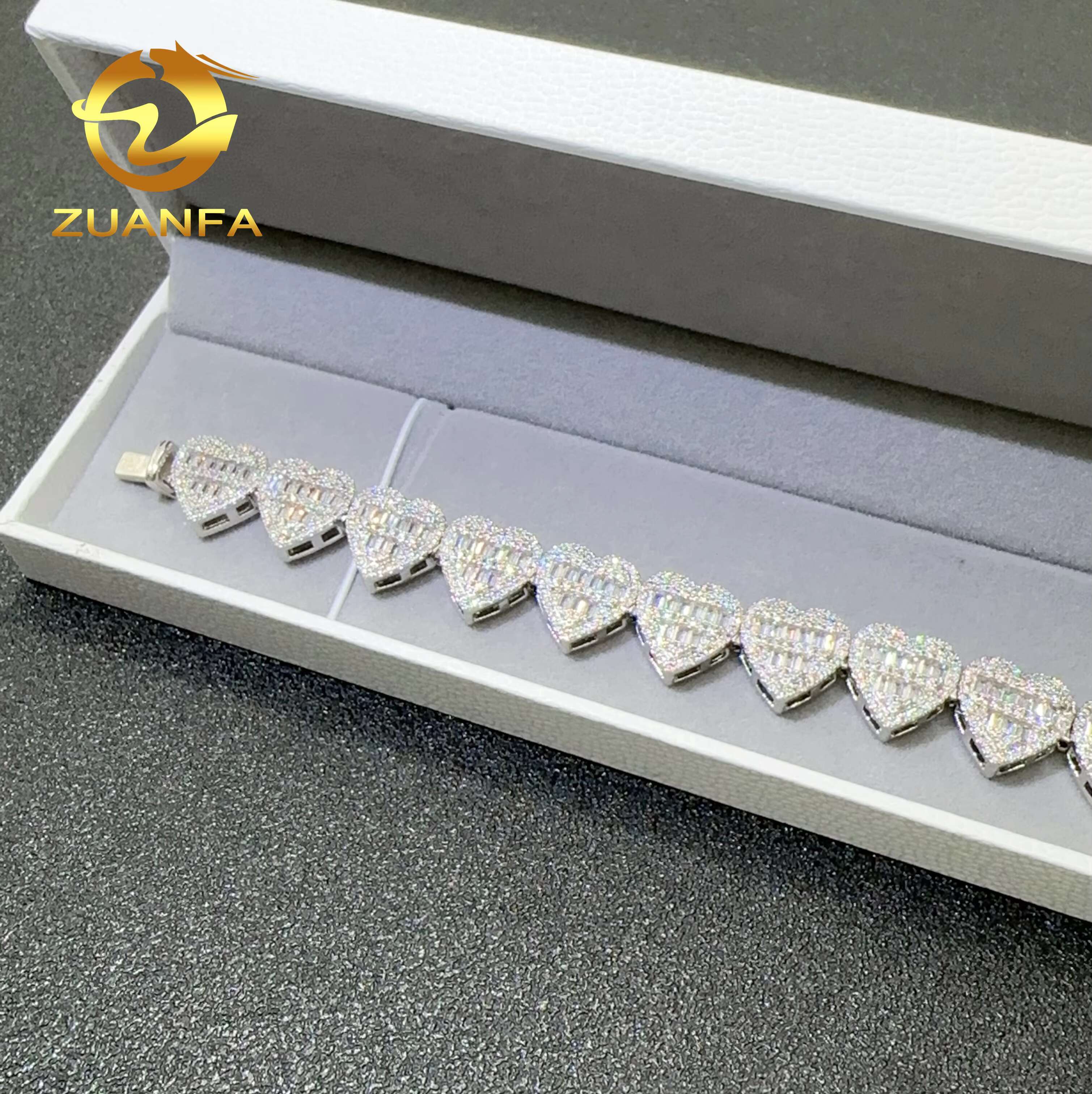 Hip Hop Bracelet Heart Shape Baguette Cut S925 Silver VVS Moissanite Diamond Iced Out Cuban Chain Bracelet