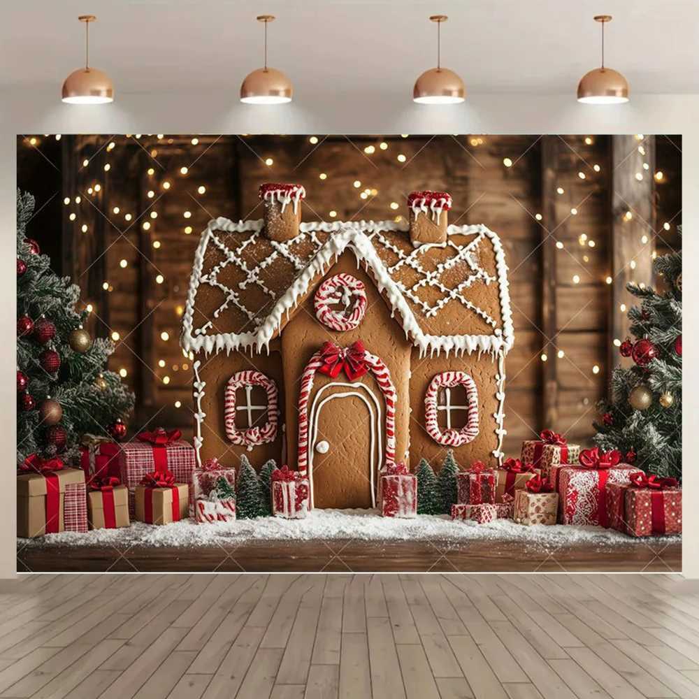 Gingerbread House Christmas Theme Photography Backdrop Gift Box Christmas Tree Home Party Banner Photo SuppliesM251125