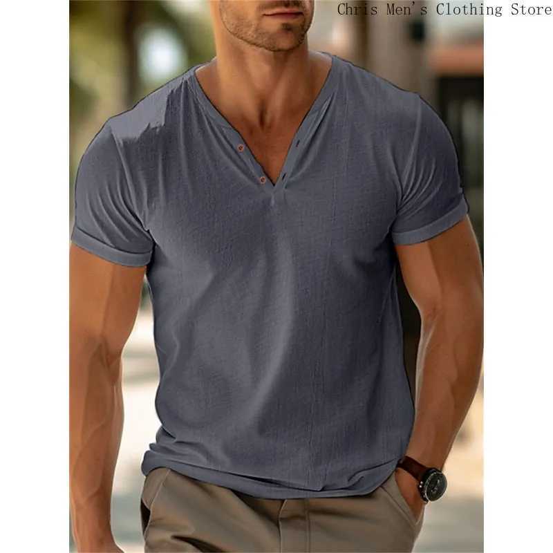 Beach holiday casual mens Pullover T-shirt top summer fashion simple solid color mens V-neck T-shirt soft fitness sports top W250425