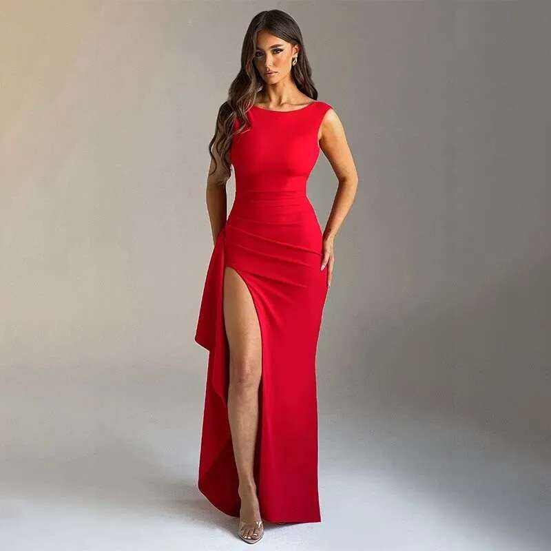 Dongdumaoyi Townlike Elegant Maxi Long Slim Bodycon Dress Women Ruffles Spring Summer High Split Nightclub Sexy Party Dresses