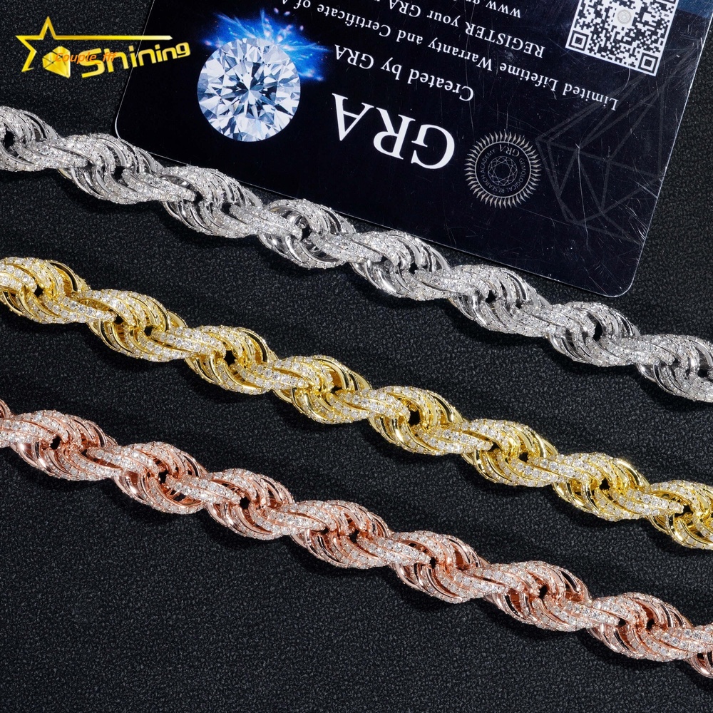 Big Size Moissanite Rope Chain Silver Jewelry 10mm Vvs Moissanite Rope Bracelet Necklace for Men and Women