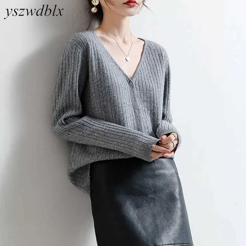 YSZWDBLX Women Cardigans 2025 Solid V-neck Knitted Autumn Winter Long Sleeve Sweater Korean Fashion Loose Fit Woman CardiganT251125