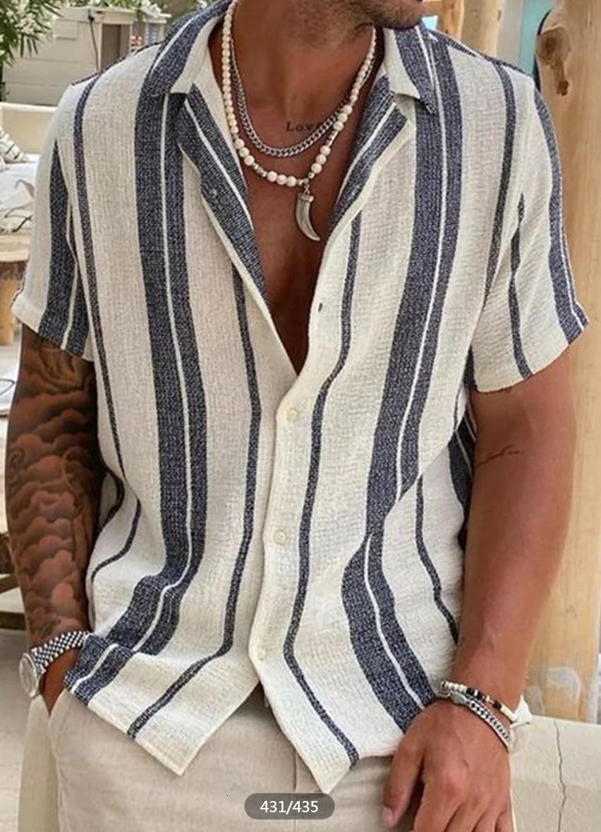 Summer Short Sleeve Large Geometric Stripe Element Coconut Tree Printed Shirt Mens Youth Top Shirt Loose and breathable