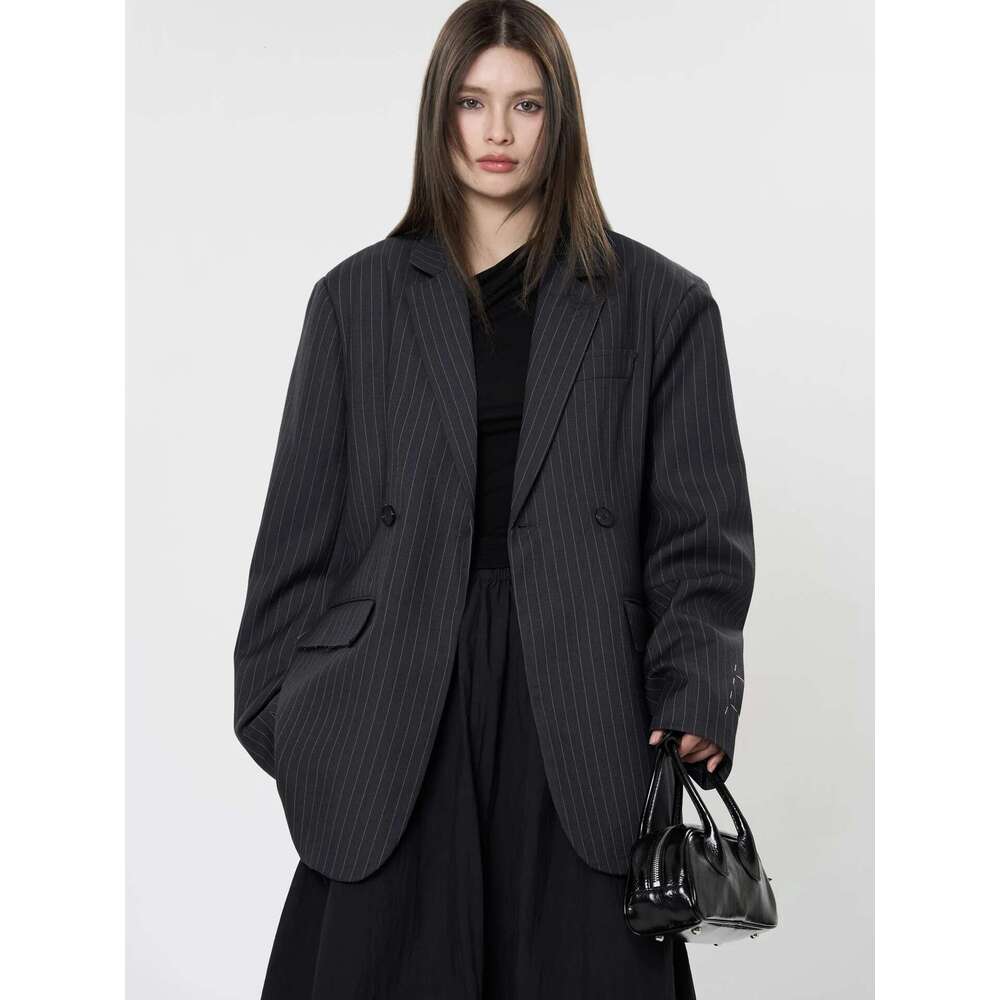 Women's Casual Striped Pocket Decoration Double Breasted Loose Jacket Blazer
