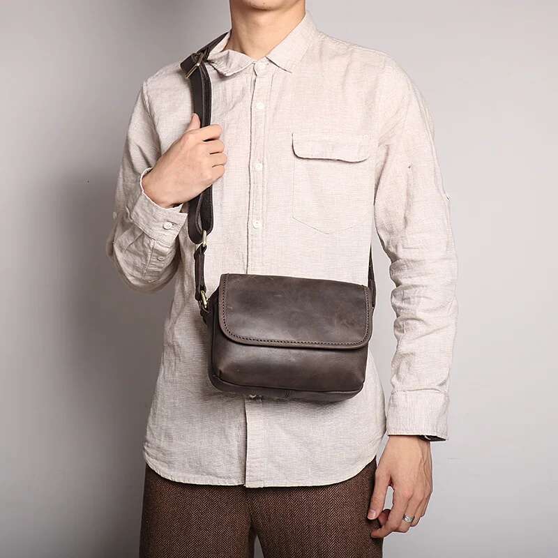 LUOKIR Vintage Crazy Horse Leather Retro Men's Genuine Cowhide Shoulder Women's Crossbody Ipad Small Square Bag