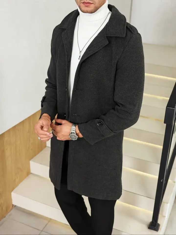 1PCS Mens Woolen Overcoat Jacket Autumn Winter Casual Long Sleeve Outerwear Lapel Pocket Design Comfortable Daily WearT251125